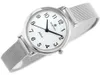 A close-up studio shot of a silver analog watch with a white face and a mesh band, set against a white background. Podgląd zdjęcia produktu