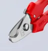 A close-up shot of the cutting blades and red handles of a pair of Knipex cable shears. Produktbild-Vorschau