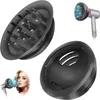 A collage of images showing a hair dryer diffuser attachment, a close-up of the attachment, and a woman using the attachment. Produktbild-Vorschau