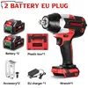 A collage of an electric impact wrench and its accessories, including batteries, a plastic box, a charger, and a clip. Voir les images du produit