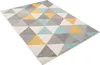 A rectangular rug with a geometric pattern of triangles in shades of gray, cream, blue, and yellow, laid out on a white background. Náhľad obrázku produktu