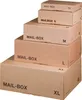 A stack of cardboard boxes of varying sizes, labeled 'MAIL-BOX' and sizes XS, S, M, L, XL. Anteprima dell’immagine prodotto