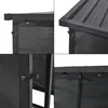 A collage of four close-up images showing details of a black metal firewood rack with a mesh fabric cover. Produktbild-Vorschau
