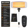 A diagram showing a Brandson infrared heater with its features highlighted by text and lines. Produktbild-Vorschau