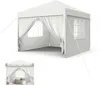 A white party tent or gazebo with draped curtains and arched windows, shown from a slightly angled perspective. A smaller inset image shows the same tent decorated for an event with a table and chairs inside. Voir les images du produit