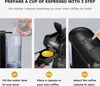 A three-panel image demonstrating how to prepare a cup of espresso using a coffee machine. Produktbild-Vorschau