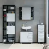 A modern bathroom vanity set with a sink, mirror, and storage cabinets. Produktbild-Vorschau