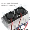Close-up of a dual-fan thermoelectric cooler with heat sink and airflow arrows indicating heat dissipation. Podgląd zdjęcia produktu