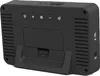 The back view of a black digital alarm clock with its stand extended. Produktbild-Vorschau