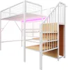 A white metal loft bed with wooden steps and a built-in closet, featuring pink LED lighting underneath the top bunk. Produktbild-Vorschau