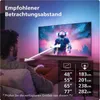 A person is sitting on a couch watching a TV, with a diagram showing recommended viewing distances for different screen sizes. Produktbild-Vorschau