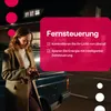 A woman is looking at her phone next to a car at night, with a pink overlay box containing text about remote control and energy saving. Produktbild-Vorschau