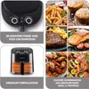A collage of images showcasing a black air fryer and various foods prepared with it, along with descriptive text about its features. Voir les images du produit