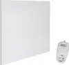A white infrared heater panel and a white thermostat plug are shown against a white background.