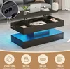 A modern coffee table with LED lighting and hidden storage, shown in a living room setting. Produktbild-Vorschau