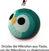 A close-up of an Amazon Echo Dot with a teal owl design, with a microphone mute icon and text overlay. Produktbild-Vorschau