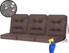 A set of three brown modular cushions for a garden swing or bench, shown on a white background with a close-up inset showing water droplets on fabric and a hand in a blue glove cleaning a cushion with a yellow sponge.