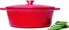 A red Dutch oven with a lid is shown on a white background, with sliced cucumbers in the foreground. Náhled obrázku produktu