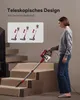 A woman is using a red and silver cordless vacuum cleaner to clean a carpeted staircase. The image also features a graphic illustrating the telescopic design of the vacuum cleaner. Produktbild-Vorschau