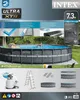 An Intex Ultra XTR Frame Pool set up in a backyard with people swimming in it. The packaging and accessories are also shown. Produktbild-Vorschau