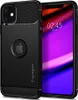 A black Spigen Rugged Armor phone case for an iPhone 11 is shown with the phone's screen displaying the time. Voir les images du produit
