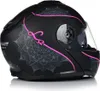 A black motorcycle helmet with pink and gray decorative patterns, shown from the side. Náhled obrázku produktu