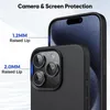 A close-up marketing image showing a black phone case for an iPhone, highlighting its camera and screen protection features with text overlays. Produktbild-Vorschau