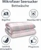 A folded bed linen set with feature icons and text. Produktbild-Vorschau