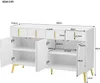 A diagram of a white sideboard with gold handles, showing various dimensions and measurements. Produktbild-Vorschau