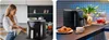 A collage of two images showing an air fryer in a kitchen setting. The left image shows a woman interacting with the air fryer, while the right image shows the air fryer on a countertop with food and decorative items. Náhled obrázku produktu