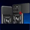 Two black phone cases are shown side-by-side against a dark blue and black gradient background. The case on the right shows a sliding camera cover partially open, with red arrows indicating movement. Produktbild-Vorschau