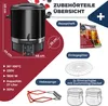 A product image showcasing an e-kettle and its accessories with dimensions and feature callouts. Produktbild-Vorschau