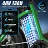 Close-up of an electric bike's battery and frame, with marketing text overlays. Produktbild-Vorschau