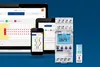 A collection of electronic devices including a tablet, smartphone, and a digital timer, arranged on a blue background. Produktbild-Vorschau