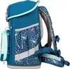 Side view of a teal school backpack with a dandelion print. Produktbild-Vorschau
