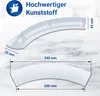 A white plastic handle for a dryer is shown with dimensions and a quality mark. Produktbild-Vorschau