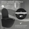A black wall-hung toilet is shown with close-up insets highlighting features like a matte surface and a quick-release lid mechanism. Podgląd zdjęcia produktu