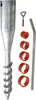 A set of ground screws and accessories, including a large screw with a conical top, a threaded rod, and several red rings. Produktbild-Vorschau