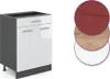 A kitchen cabinet unit and three circular swatches representing material options. Produktbild-Vorschau