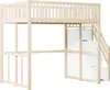 A wooden loft bed with stairs and storage compartments. Produktbild-Vorschau