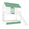 A white and green bunk bed with a slide and a pull-out drawer, set against a white background. Náhled obrázku produktu