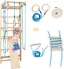 A child is playing on a wooden climbing frame with various accessories. Produktbild-Vorschau