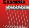 A row of metal hooks hanging from a rod against a red background. Produktbild-Vorschau