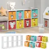 A collage showing a white storage shelf unit with colorful fabric storage boxes featuring animal designs, and a separate image of the empty shelf unit and the storage boxes. Produktbild-Vorschau