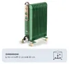 A green oil-filled radiator with beige controls and yellow wheels, shown on a white background with dimension information below. Voir les images du produit