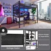 A loft bed with a desk and storage, set in a modern bedroom with a city view. Podgląd zdjęcia produktu