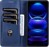 A blue leather wallet-style phone case with a phone inside, showing cards and cash. Produktbild-Vorschau