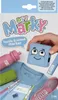 A hand holding a blue DIY Marky textile and school marker stamp, surrounded by items like a water bottle, t-shirt, shoe, pencils, and a ruler, suggesting its use for personalizing school and textile items. Podgląd zdjęcia produktu