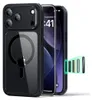 A black iPhone case with a clear back showing a magnetic ring and an Apple logo, placed next to an iPhone. A green graphic indicates wireless charging. Produktbild-Vorschau