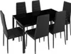 A black glass-top dining table with six black chairs around it. Náhled obrázku produktu